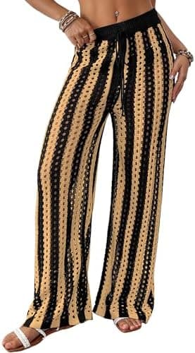 Bsubseach Womens Crochet Swimsuit Coverup Pants Striped High Waisted Drawstring Sexy Sheer Mesh Knit Wide Leg Beach Pants