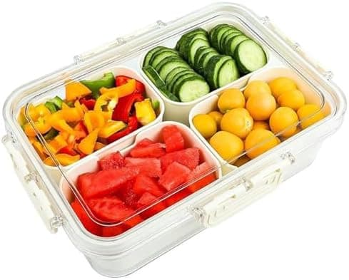 Plastic Divided Serving Tray with Lid and Handle Snack Box Charcuterie Container Portable Snack Platters Organizer for Candy, Fruits, Snacks, Nuts, for Party, Entertaining (White 4 compartments)