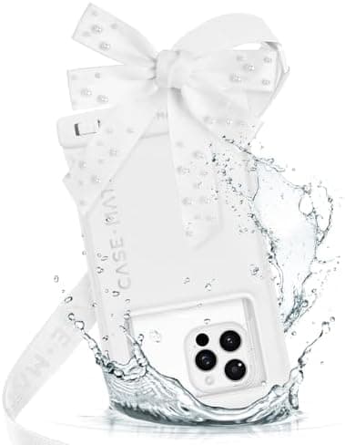 Case-Mate IP68 Waterproof Large Phone Pouch with Bow Design - Travel Beach Cruise Ship Essentials - Floating Phone Case with Crossbody Lanyard for iPhone 17 Pro Max/16 Pro/15/14/13/ S26 - Ivory Pearl