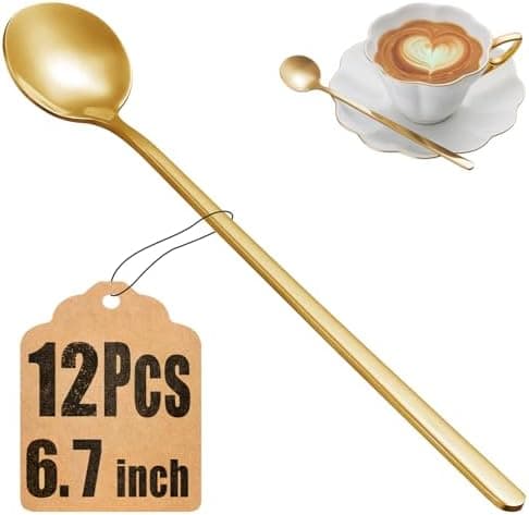 12 Pcs Coffee Spoons Set, 6.7" Gold Tea Spoons Long Handle, Gold Small Teaspoons, Stainless Steel Espresso Spoon, Long Spoon for Stirring, Coffee Bar Accessories