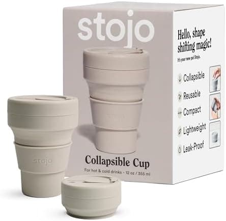 STOJO Collapsible Travel Cup - Reusable To-Go Pocket Size Silicone Bottle for Hot and Cold Drinks - Perfect for Camping - Microwave & Dishwasher Safe (Oat, 12, ounces)