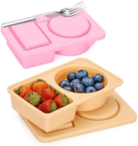 AGIFTMIND 2 PCS Silicone Snack Containers with Lids, Reusable Snack Containers Lunch Box with Double Compartment for Fruits Jams Condiments (Khaki&Pink, 2Pcs)