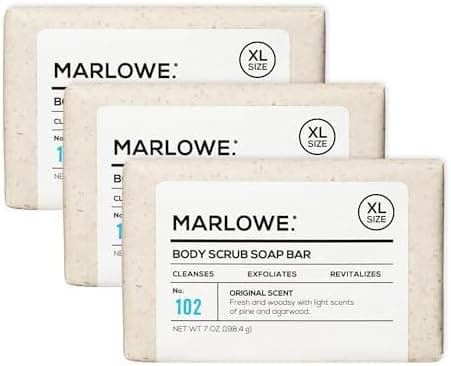 MARLOWE. No. 102 Body Scrub Soap 7 oz (3 Bars), Exfoliating Soap Bar with Shea Butter, Olive Oil & Green Tea Extracts, Cleanses, Smooths & Revitalizes Skin, Original Sage & Fir Scent