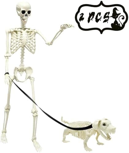 5.4ft/165cm Halloween Skeleton, Life Size Posable Skeleton with Dog Skeleton, Full Body Human Bones with Movable Joints for Halloween Indoor Outdoor Haunted House Decoration