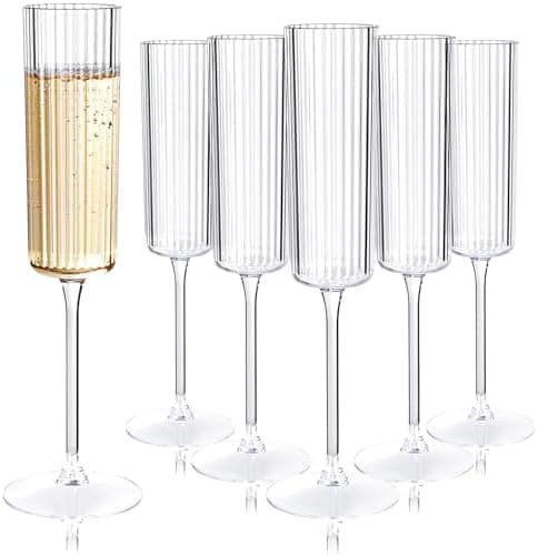 Ciaell 24 Pack Plastic Champagne Flutes - 6oz Ribbed Disposable Champagne Glasses - Clear Vintage Mimosa Glasses with Long Stem, Elegant for Weddings, Birthdays, Party