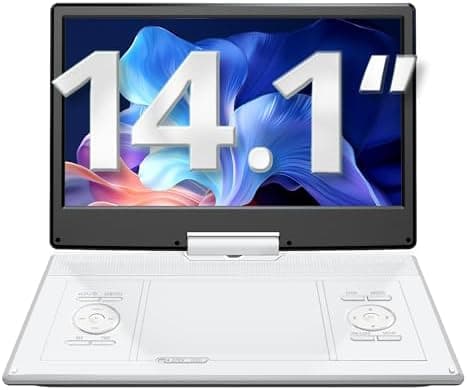 YOTON 16.9" Portable DVD Player, 4-6 Hours Rechargeable Built-in Battery, 14.1" HD Swivel Screen, Dual Stereo Speakers, USB/SD/AV/Audio/Gamepad Support -White [Not Support Blu-Ray]