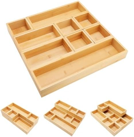 Bamboo Drawer Organizer Set, 9 PCS Multi-Use Individual Wood Storage Organizers, Junk Drawer Divider and Storage Trays Containers for Kitchen, Bathroom, Office Desk, Makeup, Jewelry, Utensils