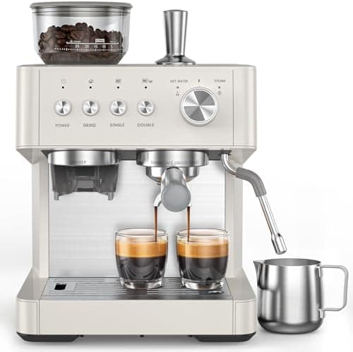 (2026 Upgrade) 20 Bar Espresso Machine with Built-in Anti-Clog Coffee Grinder, Expresso Coffee Machines with Milk Steam Wand/Frother/Tamping Tools,Espresso Maker with Grinder for Lattes-White