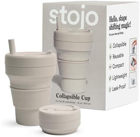 STOJO Collapsible Travel Cup - Reusable To-Go Pocket Size Silicone Bottle for Hot and Cold Drinks - Perfect for Camping - Microwave & Dishwasher Safe (Oat, 16 Ounce (Pack of 1))