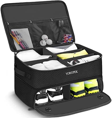 YOREPEK 2 Layer Golf Trunk Organizer, Golf Gifts for Men with Separate Ventilated Compartment for 2 Pair Shoes, Waterproof Car Trunk Locker for Balls, Tees, Clothes, Gloves, Gifts for Golfers