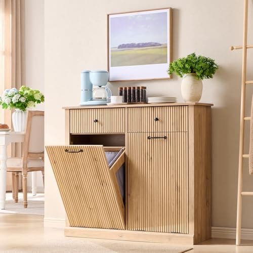 IFGET Modern Double Tilt-Out Trash Cabinet, 20 Gallon Fluted Laundry Hamper Cabinet with 2 Drawers, Wooden Hidden Garbage Can Cabinets with Storage Basket for Kitchen & Living Room, Natural Oak