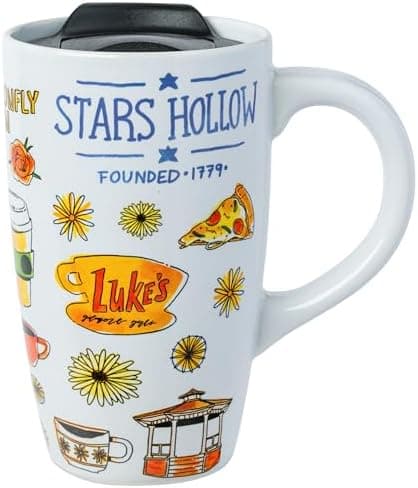 Silver Buffalo Gilmore Girls Stars Hallow Destination Ceramic Travel Mug with Lid, 16 Ounces