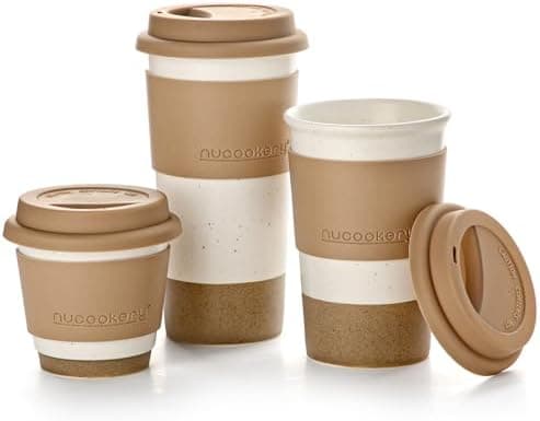Nucookery Ceramic Travel Coffee Mug Set, Coffee Tumbler with Silicone Lid and Non-Slip Sleeve, Unique To Go Mug, Gifts for Women & Men, Microwave Safe Cappuccino, Tea, Latte, Iced-Coffee Cups, White