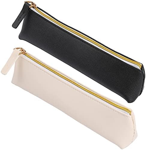 Vin Beauty 2 Pcs Leather Pencil Pouch, Slim Design Small Pencil Pouch Pencil Bag Zipper Pencil Case Bag Stationery Pouch Bag for Pens, Pencils, Markers(Black&Beige)