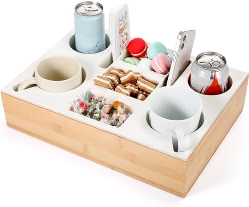 Yerliker Couch Cup Holder Tray, Silicone Lining Couch Caddy Waterproof Anti-spill Sofa Cup Holder for Bed Car Seat Organizer, Hold Mugs, Drinks, Snacks, Phones, Remotes(Rectangle,White,Bamboo)