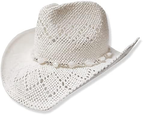 TOVOSO Western Cowgirl Hat, Straw Cowboy Hat for Women with Shapeable Brim, Beaded Hearts Trim, Shapeable Cowboy Hat