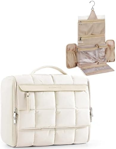 BAGSMART Travel Toiletry Bag, Extra Large Full-open Hanging Toiletry Bag for Women, Puffy Cosmetic Makeup Bag Organizer with Handle for Accessories, Essentials, Toiletries (Beige 13''L)