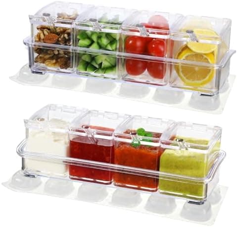 2 Pcs Ice Chilled Condiment Containers Caddy with Lids - Condiment Organizer with Reusable Ice Sheets, Chilled Serving Trays for Fruit Salad Taco Mimosa Bar Party Supplies