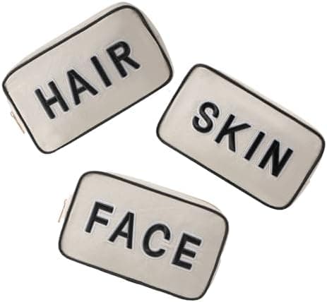 uekeboag 3Pcs Canvas Chenille Letter Makeup Bag Set, Small Travel Washable Organizer Bag for Purse with Zipper, Cute Personalized Gift Pouch For Women and Girls(Hair Skin Face)