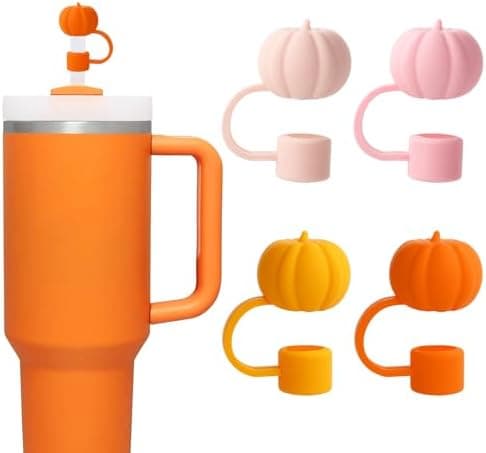 Whaline 4Pcs Fall Straw Cover Cap Orange Pink Pumpkin Silicone Reusable Straw Topper Halloween Thanksgiving 10mm/0.4In Straws Lid Protector for 30/40 oz Tumbler Cup Accessories