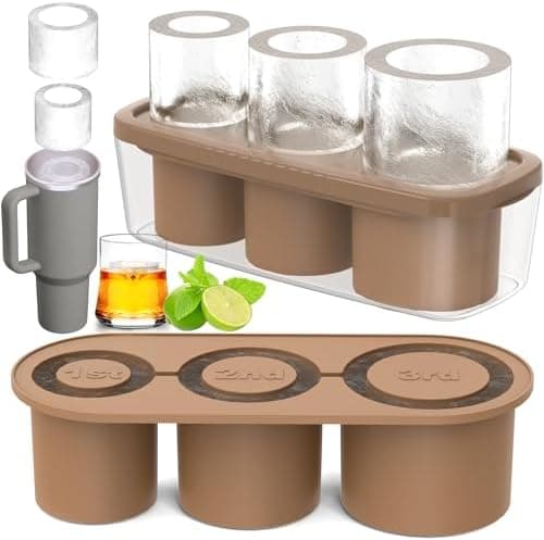 Ice Cube Tray for Tumbler Cup 30Oz-40Oz, 3 Pcs Silicone Cylinder Ice Mold with Lid and Bin for Freezer, Easy Fill and Release Ice Maker for Whiskey, Cocktail BPA-Free (Brown, 40Oz-Type1)