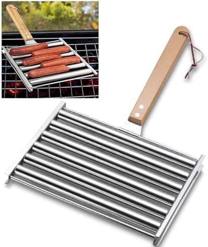 ZELONUUS 9.5 Inch Long Hot Dog Roller for bbq Grill, Evenly Cook Sausage Roller Rack Stainless Steel Corn grill with Detachable Wooden Handle for Outdoor Cooking and Barbecue