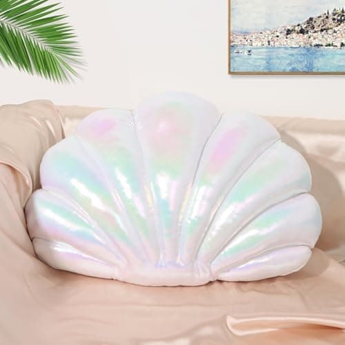 Marble Empire Seashell Pillow - Holographic Iridescent Foil Fabric Throw Pillow for Couch, Coastal Beach Theme Decor, Ocean Themed Bedroom Living Room Accent Pillow（Pearl White,18×13''）
