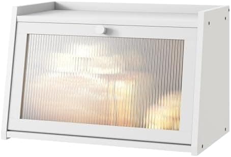 kiplant Bread Box for Kitchen Counter, Large Bamboo Bread Storage Container with Wavy Arcylic Door, Bamboo Wooden Farmhouse Bread Box for Your House (White, Medium)