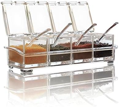 Clear Seasoning Box,V-Resourcing 4 Pieces Clear Seasoning Storage Container for Spice Salt Sugar Cruet,Condiment Jars with Spoons…
