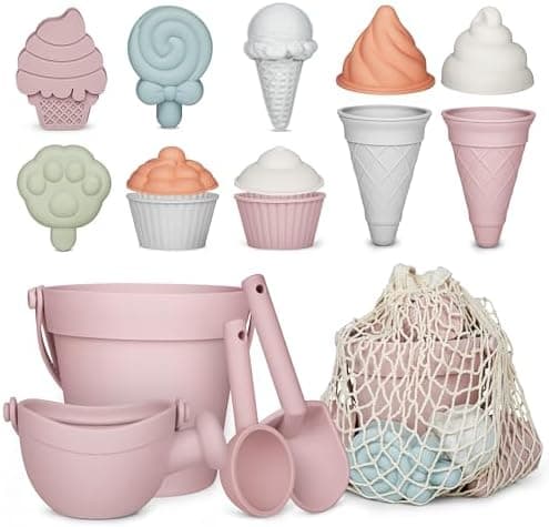 MarcZero 17Pcs Silicone Beach Toys,Modern Baby Beach Toys,Travel Friendly Beach Set,Silicone Bucket, Watering Can, Shovel, 12 Sand Molds, Beach Bag,Silicone Sand Toys for Toddlers, Kids (Pink)
