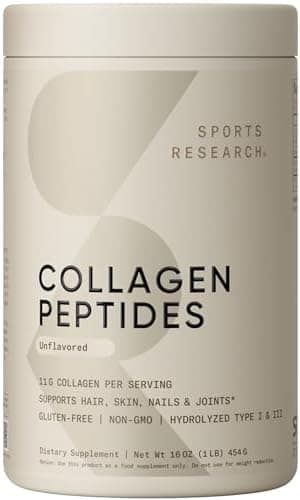 Sports Research Collagen Peptides - Hydrolyzed Type 1 & 3 Collagen Powder Protein Supplement for Healthy Skin, Nails, & Joints - Easy Mixing Vital Nutrients & Proteins, Collagen for Women & Men