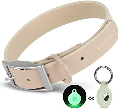 Wisedog Waterproof Dog Collar, Adjustable Soft Rubber Coated Webbing, Odor-Proof and Easy to Clean for Small Medium Large Dogs, with Airtags Case(S|8.5"-12.5" × 4/5 in, Sand Color)