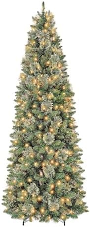 Hykolity 6 ft Prelit Pencil Slim Christmas Tree with 200 Warm White LED Lights, 544 PVC Branch Tips, Metal Stand and Hinged Branches