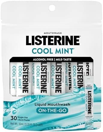 Listerine On-The-Go Cool Mint Alcohol Free Mouthwash Packets, Oral Rinse in Individual Packets Kills Bad Breath Germs, Less Intense Taste, Cool Mint Flavor, Mini Travel Size, 0.33 fl oz., 30 Pack