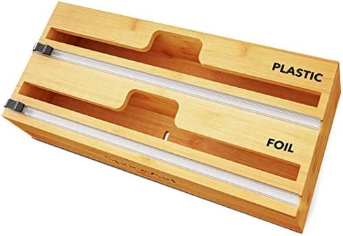 SpaceAid WrapNeat 2 in 1 Wrap Organizer with Cutter and Labels, Plastic Wrap, Aluminum Foil and Wax Bamboo Dispenser for Kitchen Storage Organization Holder for 12" Roll (Natural)