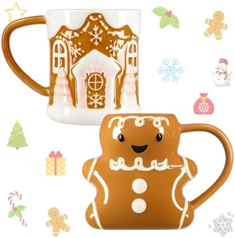LemonRoad 2 Pcs 14 oz Christmas Cute Coffee Mugs Gingerbread Man and House Ceramic Novelty Ceramic 3D Cocoa Cups Vintage Happy Christmas Mugs Gifts for Hot Chocolate Cocoa Milk Tea Coffee Lover