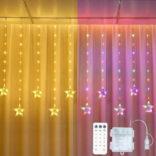 KepStars Star Curtain Lights Battery Powered, 10ft x 3.3ft Warm White & Multicolor Twinkle Fairy String Lights Curtain, Timer & IR Remote for Bedroom Backdrop Indoor Outdoor Christmas Party Decor
