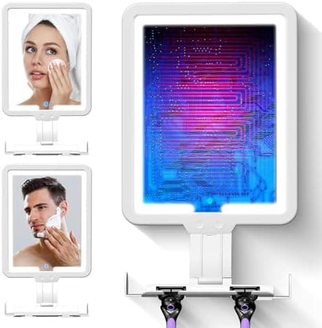 JJhxr Heated Shower Mirror Fogless for Shaving, 3 Color Dimming Shower Shaving Mirror, 9.5 * 8inch Anti-Fog Shower Mirror with Lights, Wall-Mounted Large Shaving Mirror with Razor Holder