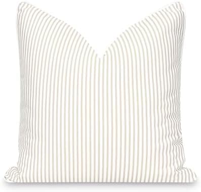 Hofdeco Premium Fall Coastal Patio Indoor Outdoor Pillow Cover Only, 20"x20" Water Repellent for Backyard, Couch, Neutral Tan Stripe