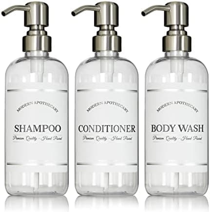 Clear Refillable Shampoo and Conditioner Bottles - Body Wash, Shampoo and Conditioner Dispenser - PET Plastic Shampoo Bottles Refillable with Pump - Waterproof Labels - 16 oz, 3 Pack (Stainless Steel)