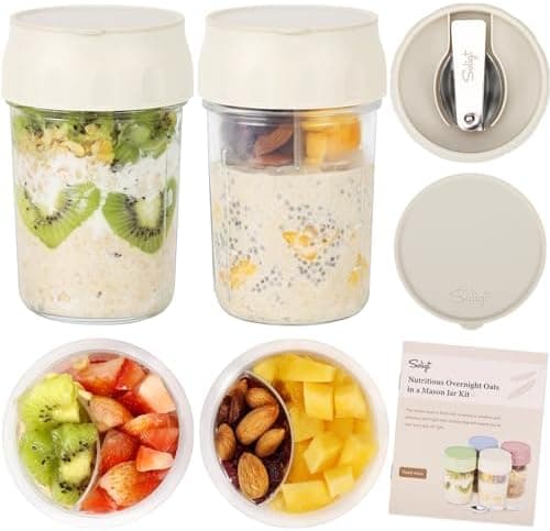 SOLIGT 2 Pack Overnight Oats Containers with Lids, Folding Spoons and Divided Compartments for Fruit & Nuts, Small Glass 16oz Mason Jars for Oatmeal Yogurt Parfait (2 Set-Oat White/Oat White)