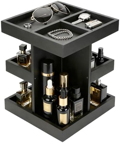 Gallkeat Cologne Organizer for Men, 3-Tier Perfume Stand with 360° Rotation, Large Capacity Wood Cologne Shelf for Desk, Nightstand Organizer, Dresser, Birthday Christmas Gifts for Men (Black)