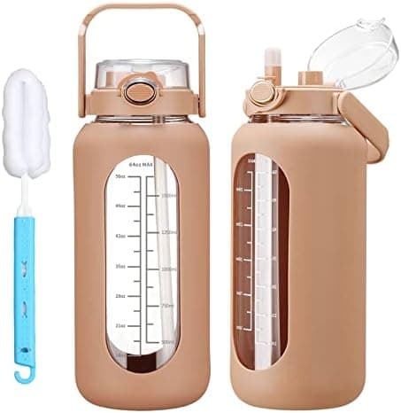 chunmo 64oz Glass Water Bolttles with Straw Half Gallon Large Motivational Water Bottle with Time Marker Sports Water Bottles with Silicone Sleeve and Handle Lid Water Jug for Gym Workout