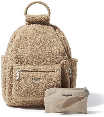 Baggallini Womens All Day Backpack With RFID Phone Wristlet, Taupe Faux Shearling