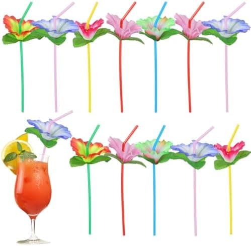 Healifty Hawaiian Flower Bendable Straws with Paper Umbrella, 20Pcs Tropical Luau Party Decor for Drinks, Disposable Plastic Summer Beach Pool Bar Favors 9.45 Inch