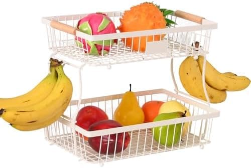 Lawhood-Mijin 2 Tier Detachable Fruit Basket Bowl with 2 Banana Hangers, Fruit Stand Holder for Kitchen Countertop, Metal Wire Vegetable Storage Organizer, for Bread Snack Veggies Produce, White