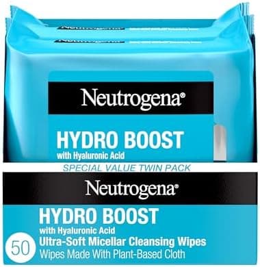 Neutrogena Hydro Boost Ultra-Soft Micellar Cleansing Wipes with Hyaluronic Acid, Hydrating Makeup Remover Wipes Remove Dirt & Waterproof Makeup, Hypoallergenic, Plant-Based Cloth, 2 x 25 ct