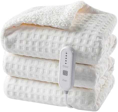 Dowin Heated Blanket Electric Blanket - Throw Size Waffle Fleece Heating Warming Blankets with Auto Shut Off for Couch Office Chair Bed Adults Fuzzy Cozy Machine Washable 50x60 Beige