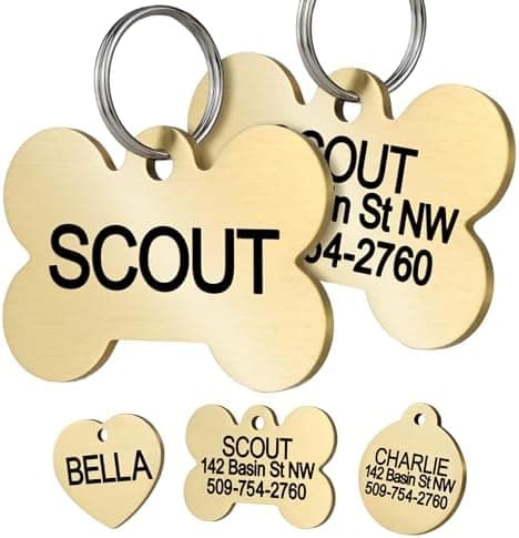 GoTags Personalized Pet ID Tags, Solid Brass Dog Tags and Cat Tags, up to 6 Lines of Custom Text, Engraved on Both Sides, Bone, Round, and Heart Shapes