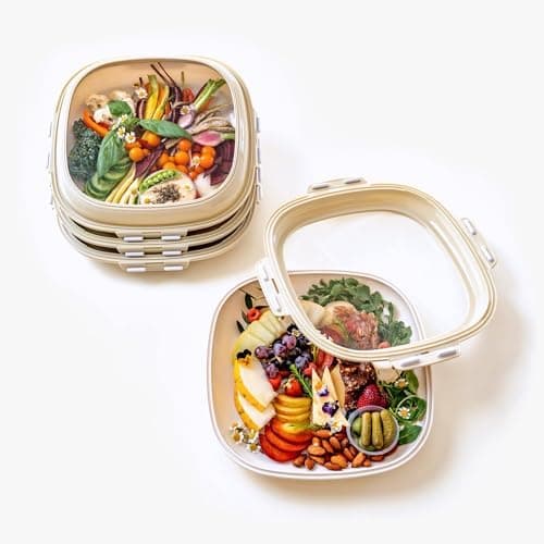 Crudités | Portable Snack Tray | Square 4-Pack | Cream White | Reversible Stretch Lid Food Containers | BPA-Free, Freezer & Dishwasher Safe | Meal-Prep, Charcuterie, Salads, Picnic, Travel